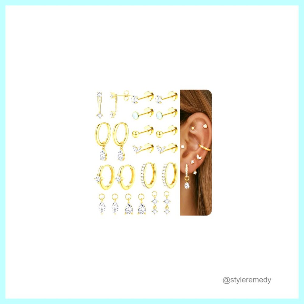 Hypoallergenic Surgical Steel Earrings, 14K Gold Plated, 11-Pair Set, Cartilage